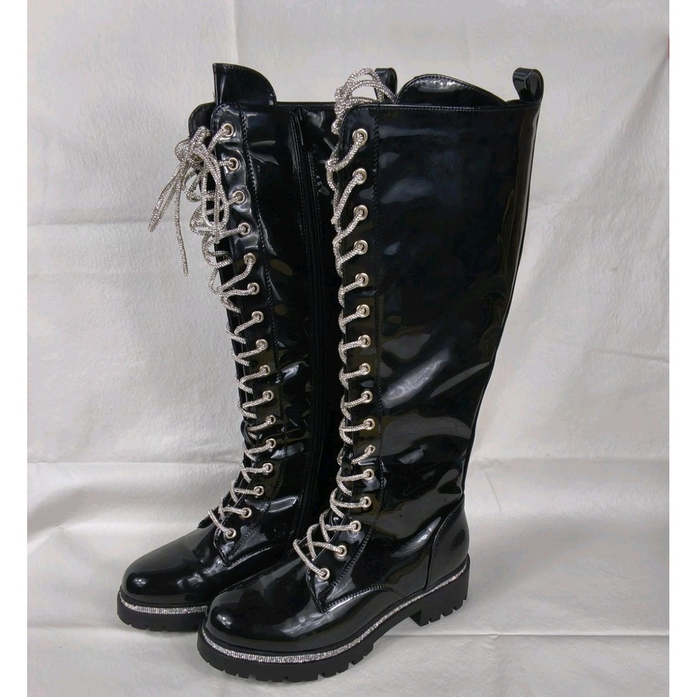 Mata Shoes Transform-6 Black Patent Knee High Combat Boots Rhinestone Laces
